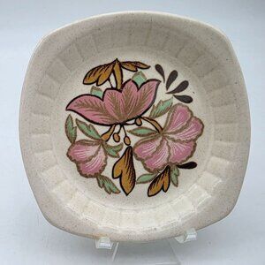1970s Palissy Floral Ceramic Trinket Plate Dish Vintage 5" Pink Teal Mustard